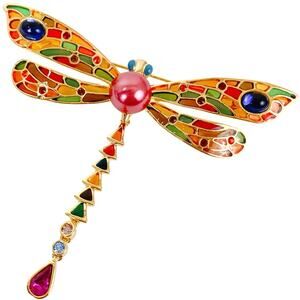 VTG Joan Rivers Signed Dragonfly Brooch Gold Tone Enamel Articulated Colorful
